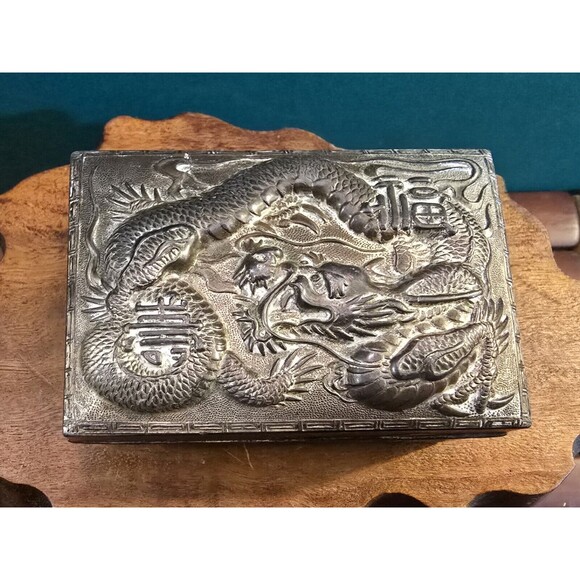Vintage Japanese Repousse Dragon & Landscape Silver Tone Trinket Box 3.25"x3.75" - Picture 1 of 8